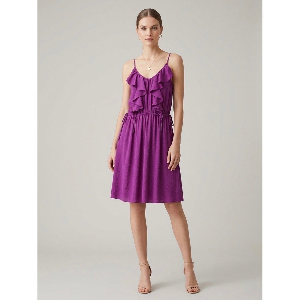 Rebecca Taylor Magenta Purple 100% Silk Ruffle V-Neck Mini Dress
